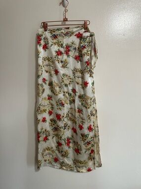 Vintage Santa Barbara Hawaiian Print Satin Sarong Maxi Skirt, Cream Floral, L